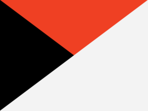 three triangles in orange, light grey, and black