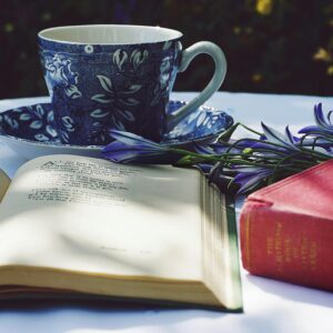 teacup and saucer on white table cloth next to poetry volumes - Photo by Suzy Hazelwood: https://www.pexels.com/photo/book-opened-on-top-of-white-table-beside-closed-red-book-and-round-blue-foliage-ceramic-cup-on-top-of-saucer-1526049/