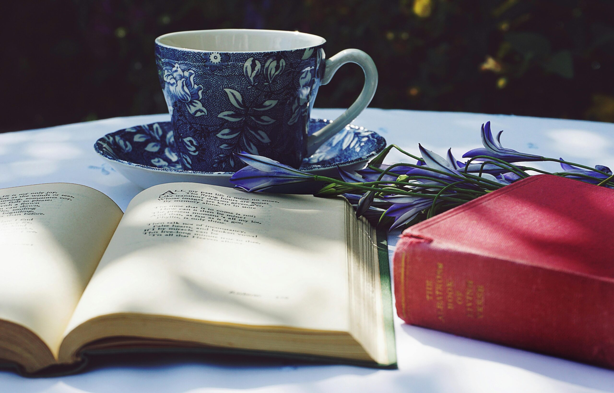 teacup and saucer on white table cloth next to poetry volumes - Photo by Suzy Hazelwood: https://www.pexels.com/photo/book-opened-on-top-of-white-table-beside-closed-red-book-and-round-blue-foliage-ceramic-cup-on-top-of-saucer-1526049/